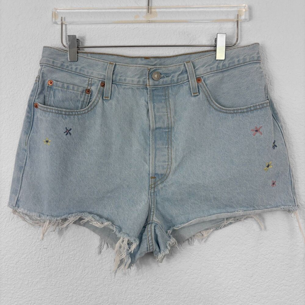Levi's 501 Shorts Womens 33 Blue Embroidered Floral Cut Off Light Wash Festival